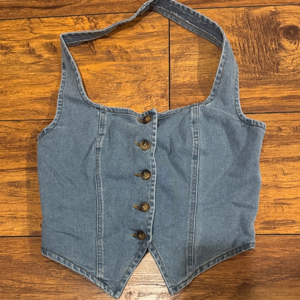 Blue Denim Halter Top with Button Front